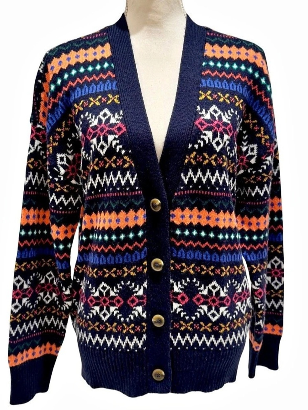 Talbots Geometric Cardigan in Blue & Orange Large Like New
